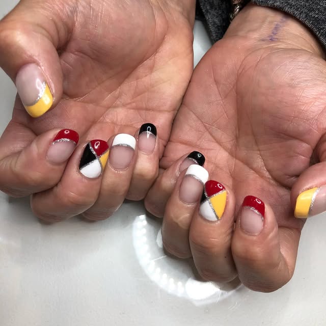 Red, yellow, black and white colour-block nail art by Ashleigh Hill Beauty