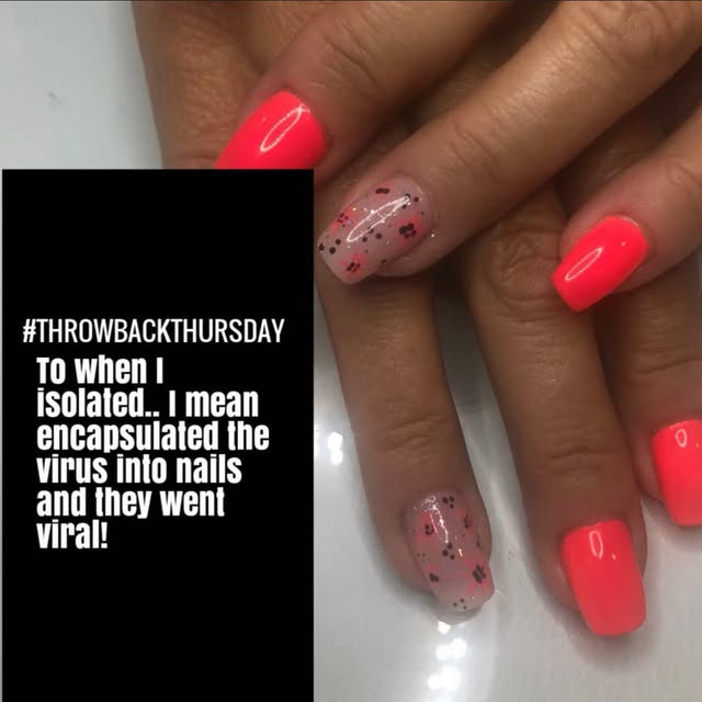 Coral pink nail set with a patterned accent nail by Ashleigh Hill Beauty